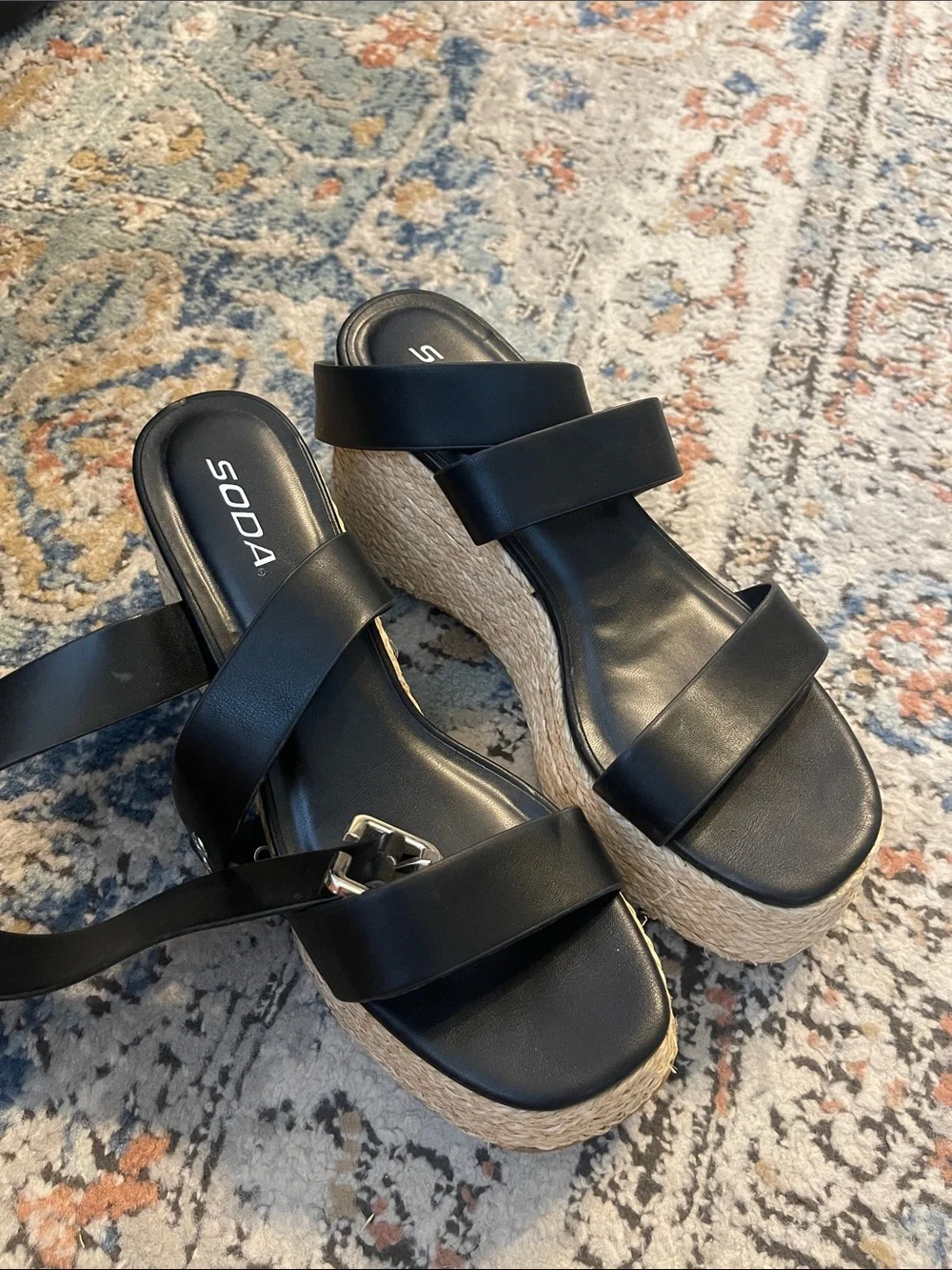 Soda Black Double-Strap Espadrille Wedge Sandals